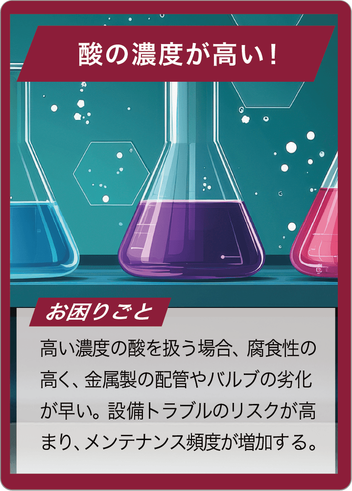 高い濃度の酸を扱う場合、腐食性の高く、金属製の配管やバルブの劣化が早い。設備トラブルのリスクが高まり、メンテナンス頻度が増加する。